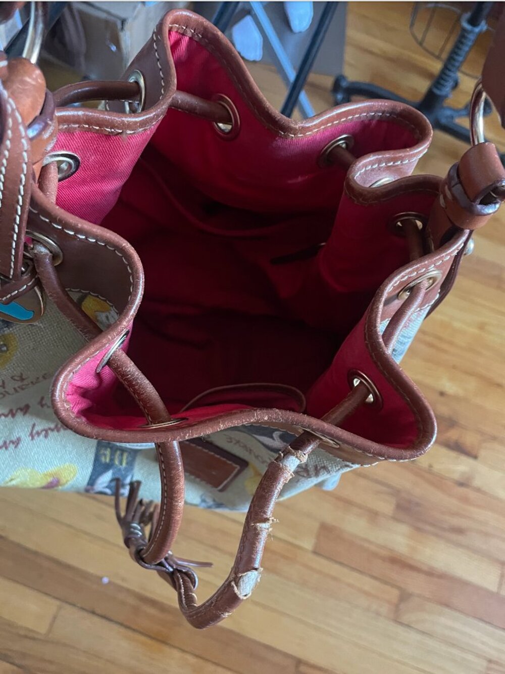Dooney & Bourke Western Cowboy Boots Vintage Leather Canvas Drawstring Bucket - Picture 7 of 7